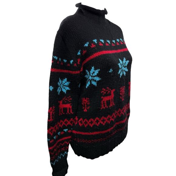 Obermeyer Fair Isle sweater Women Size S 100% Wool reindeer snowflakes Mock Neck - Picture 2 of 5